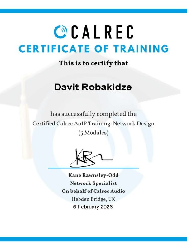 Calrec სერთიფიკატი Davit-Robakidze-AoIP-Network-Design-Calrec-AoIP-Training-Network-Design-Calrec