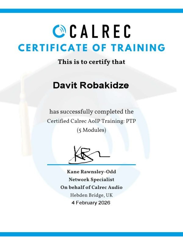 Calrec სერთიფიკატი Davit-Robakidze-AoIP-PTP-Training-Calrec-AoIP-Training-PTP-Calrec