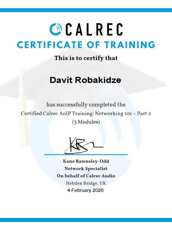 Calrec სერთიფიკატი Davit-Robakidze-AoIP-Training-Networking-101-8211-Part-2-Calrec-AoIP-Training-Networking-101-Part-2-Calrec